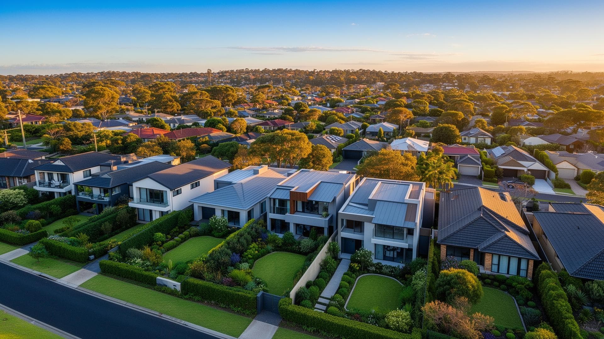 Aerial view of Australian suburban homes and tree-lined streets at sunset