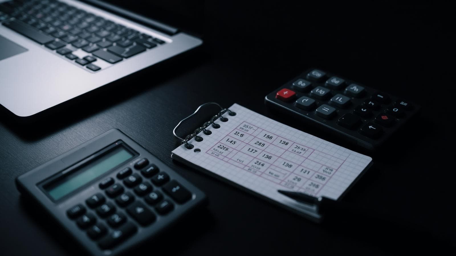 Calculator, notepad and laptop used to estimate home loan repayments