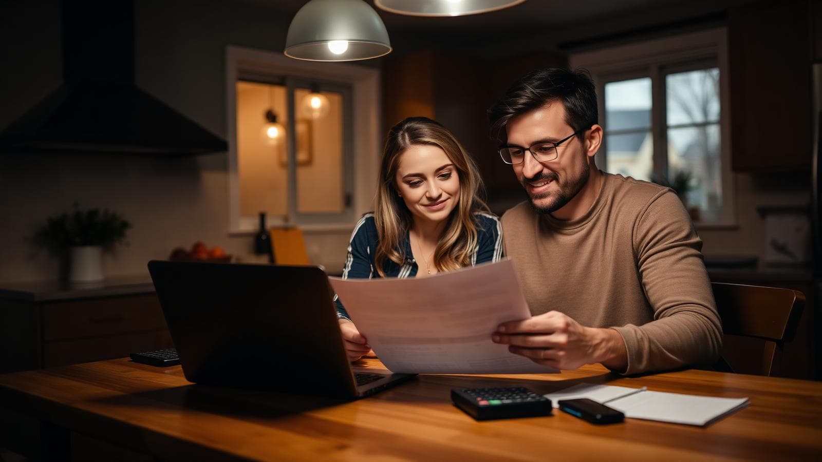 Couple at their kitchen table reviewing a loan statement beside a laptop and calculator
