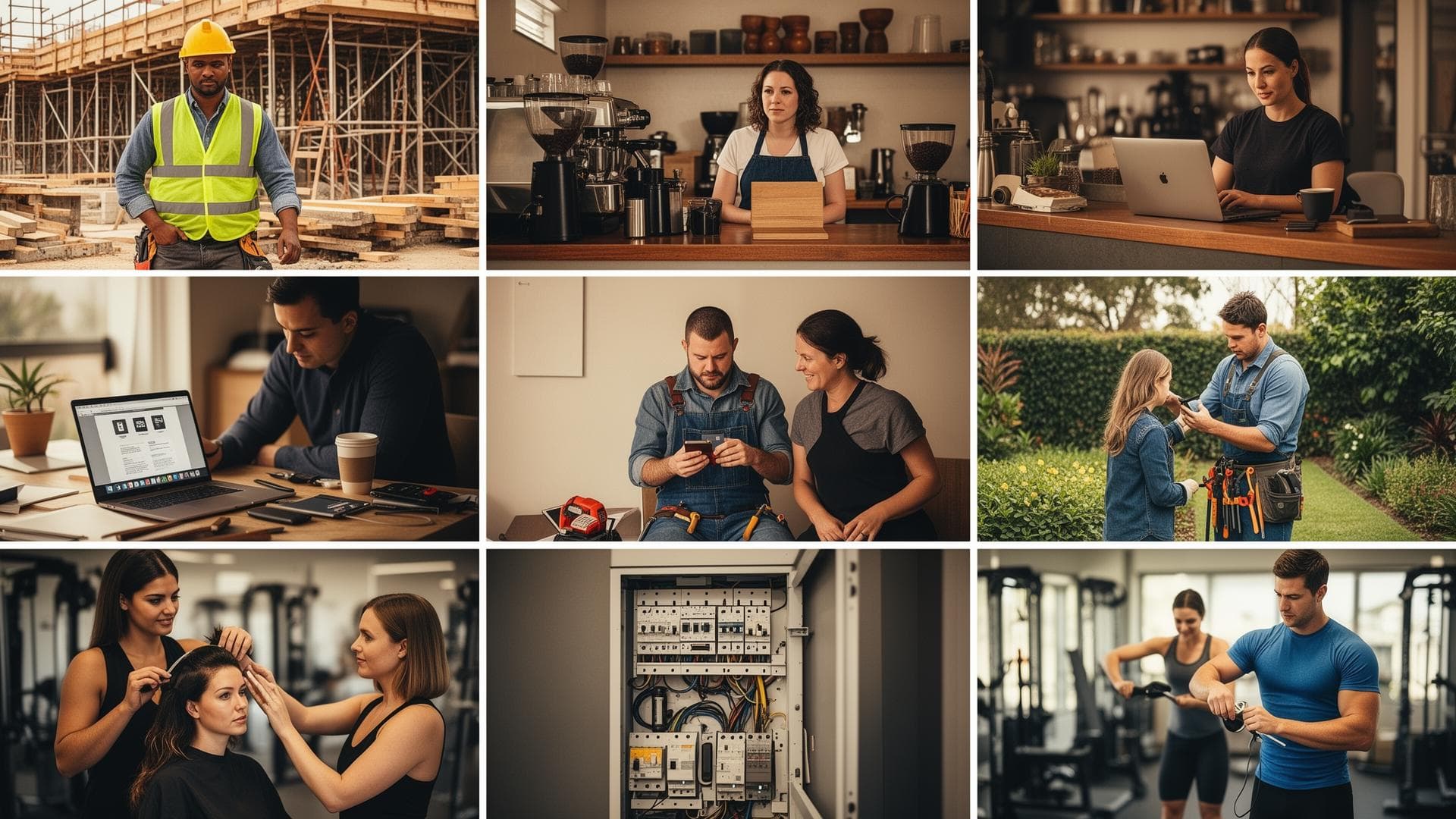 Collage of self-employed Australians at work: a builder, cafe owner, electrician and hairdresser