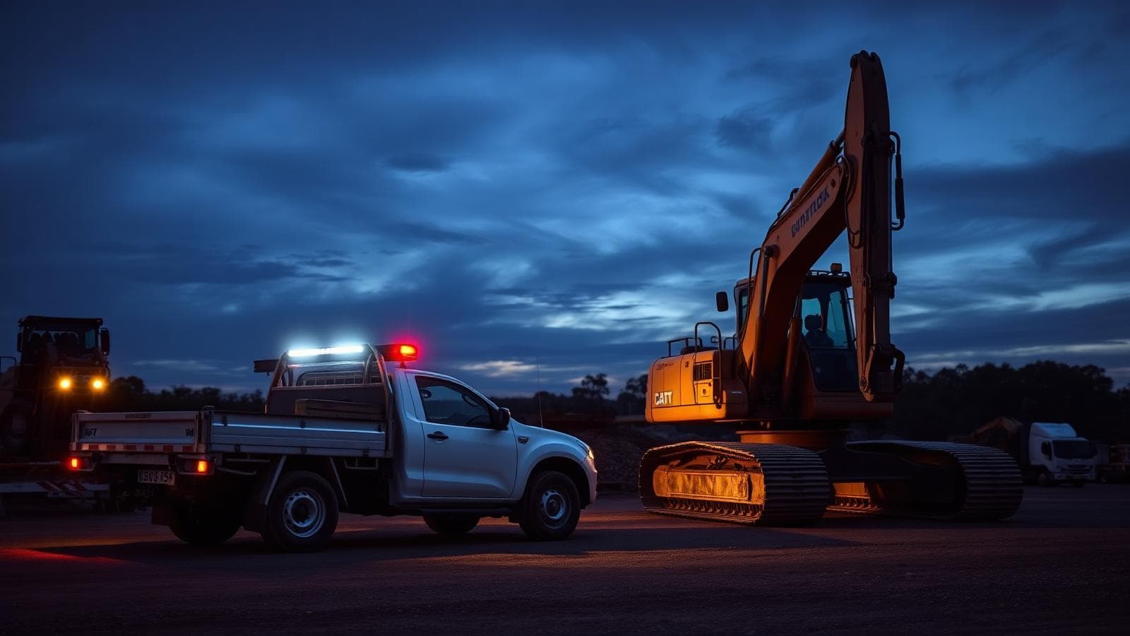 Work ute parked beside an excavator on a job site at dusk