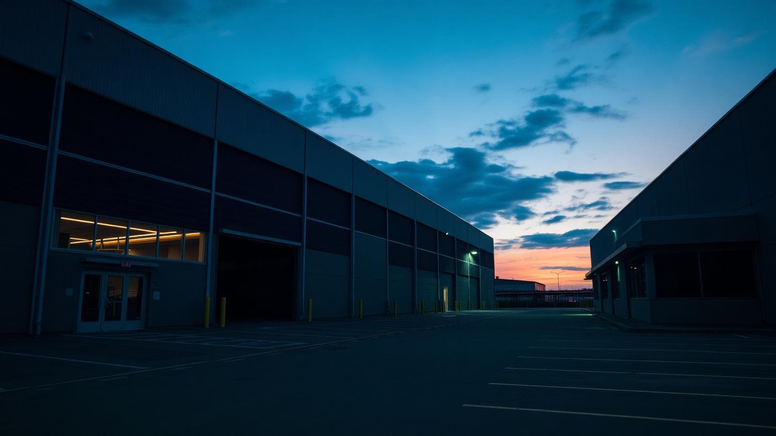 Commercial warehouse and office buildings around an empty car park at dusk