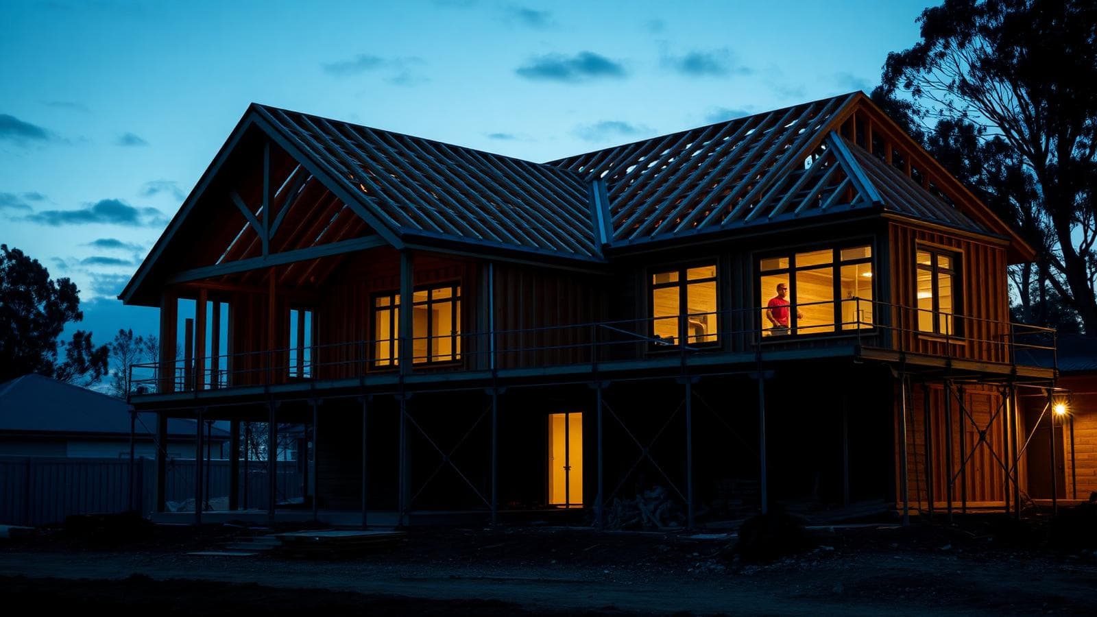Timber-framed house under construction with exposed roof trusses and scaffolding at dusk