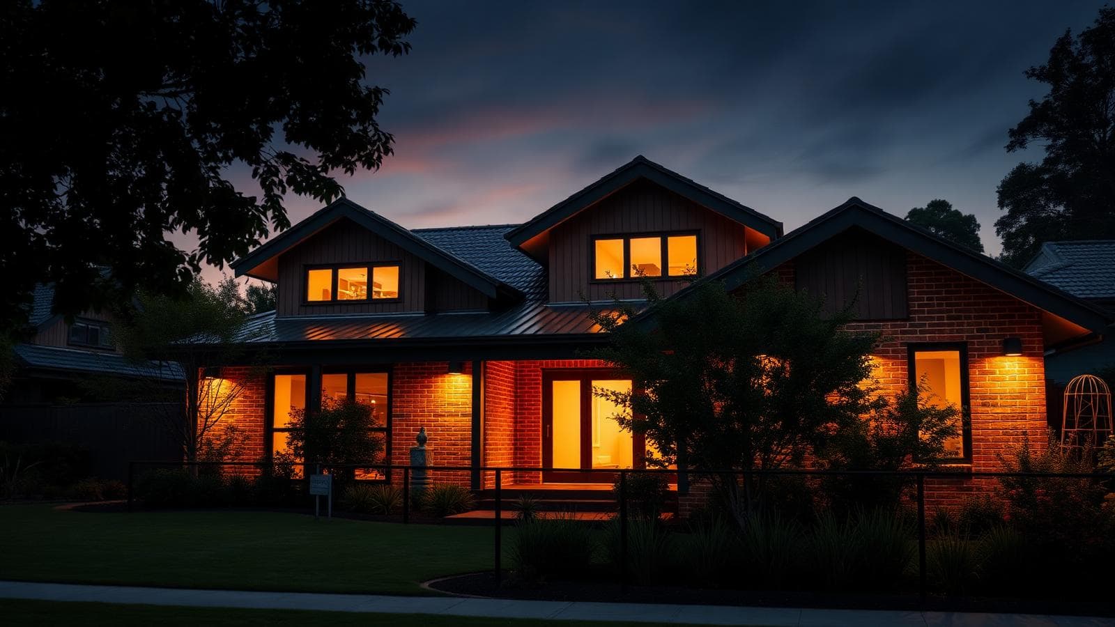 Two-storey brick family home with warm light in every window at dusk