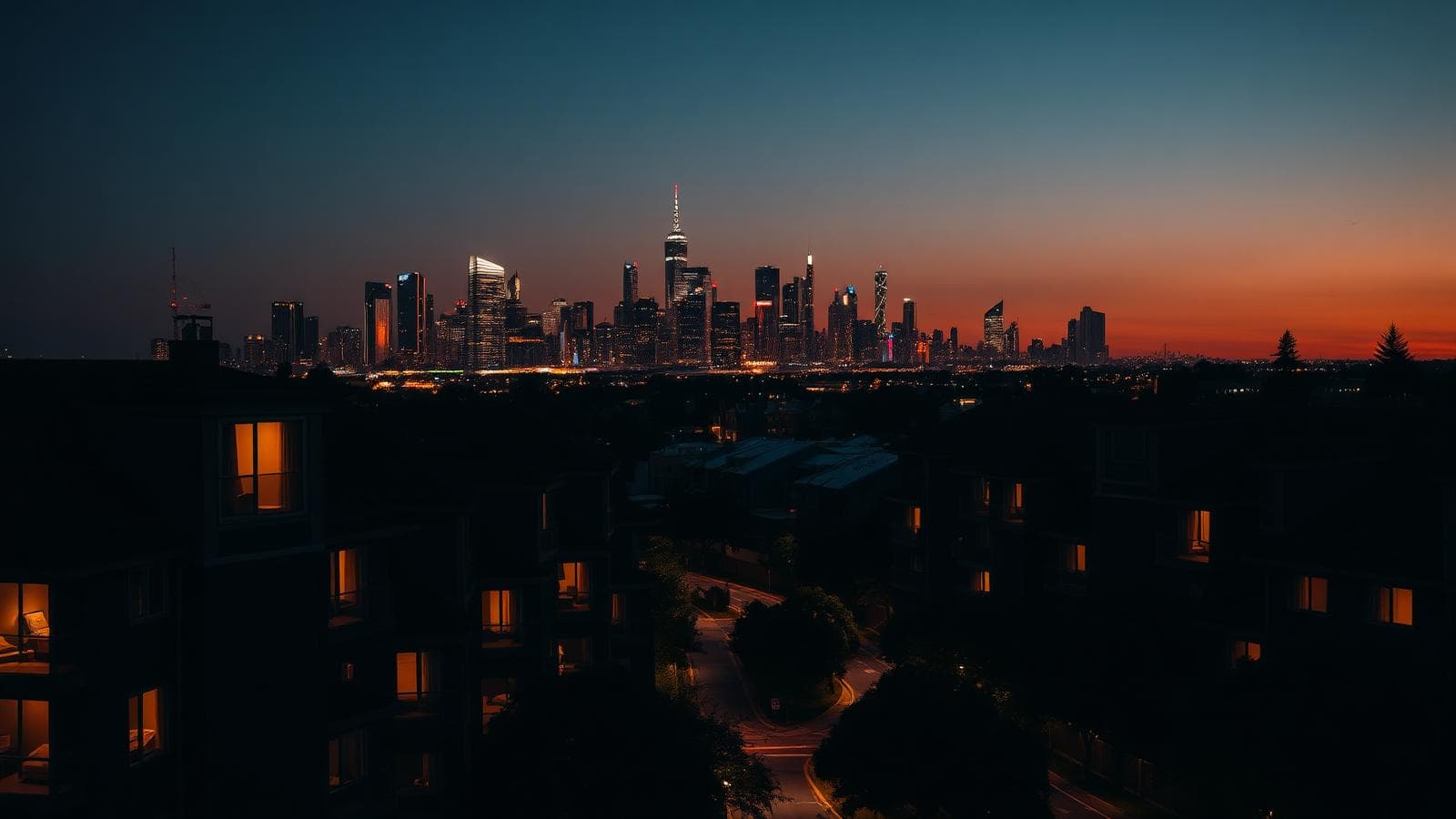 City skyline lit at sunset beyond rows of suburban apartment buildings